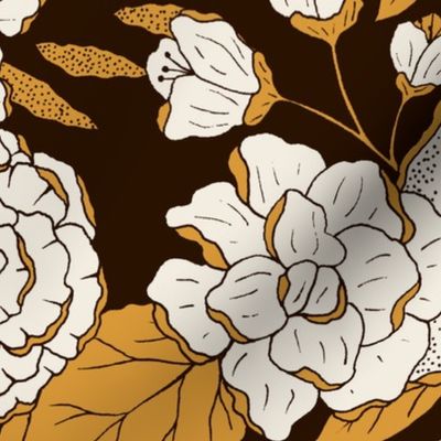 Vintage stylish flowers in brown, white and ochre - Large scale