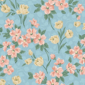 tulips and dogwood - pink and yellow flowers on blue - large scale