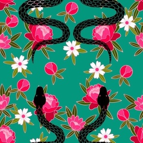 Floral Snake | Black Snake | Peonies | Emerald