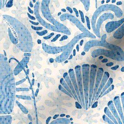 Lobster damask in sea blue - large scale