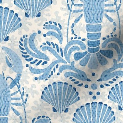 Lobster damask in sea blue - medium scale