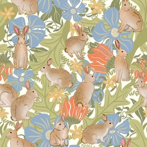 Rabbits in a meadow on ivory