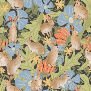 Rabbits in a meadow on outer space grey