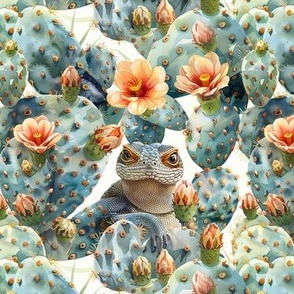 Lizard Face and Cactus with Flowers Southwestern Design Pattern