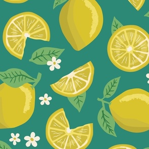 Summer Lemons Turquoise Sky Large - hand-drawn, botanical, flowers, fruit, yellow, bright colors, cute, fun, bedding, wallpaper, clothing, kitchen decor, table cloths, girls, feature wall, statement wall, home decor, garden designs