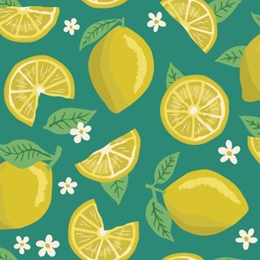 Summer Lemons Turquoise Sky Medium - hand-drawn, botanical, flowers, fruit, yellow, bright colors, cute, fun, bedding, wallpaper, clothing, kitchen decor, table cloths, girls, feature wall, statement wall, home decor, garden designs
