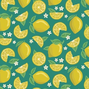 Summer Lemons Turquoise Sky Small - hand-drawn, botanical, flowers, fruit, yellow, bright colors, cute, fun, bedding, wallpaper, clothing, kitchen decor, table cloths, girls, feature wall, statement wall, home decor, garden designs
