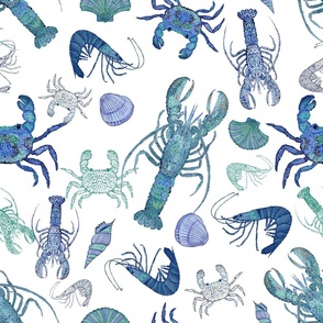 L Crustacean Celebration - lobsters, crabs, shrimp and dhellsin blue & teal 