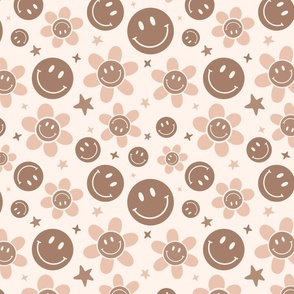 Neutral Brown Daisy Smile Face, Retro Smile Face, Daisy Pattern, Happy Face, Floral, Smiley
