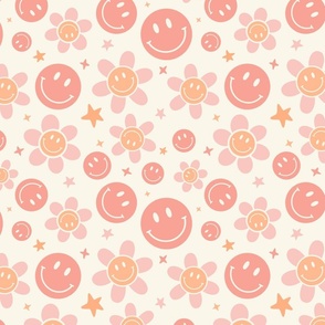 Peach Daisy Smile Face, Retro Smile Face, Daisy Pattern, Happy Face, Floral, Smiley