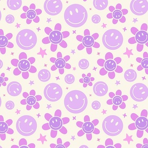 Purple Daisy Smile Face, Retro Smile Face, Daisy Pattern, Happy Face, Floral, Smiley