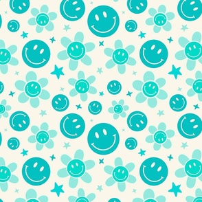 Teal Daisy Smile Face, Retro Smile Face, Daisy Pattern, Happy Face, Floral, Smiley