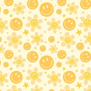 Yellow Daisy Smile Face, Retro Smile Face, Daisy Pattern, Happy Face, Floral, Smiley