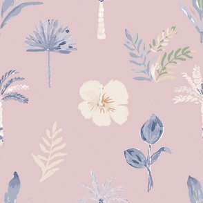 Colourful Tropical Palms in Blues + Cream on Lilac background