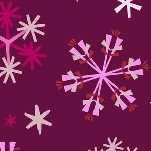 C015 - Large scale hot magenta pink Christmas snowflakes  in non traditional colors, for festive tablecloths, Xmas table runners, kids party attire, kitchen linens