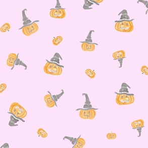 Cottage Core Tossed Pumpkin Witches Pink Lavender Background