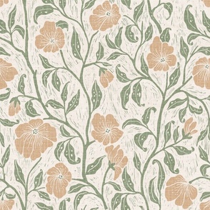 (L)-Modern Art BlockPrint-Vintage Retro Flowers Floral -Traditional hand-drawn-Olive Green-Deep Orange-Cream