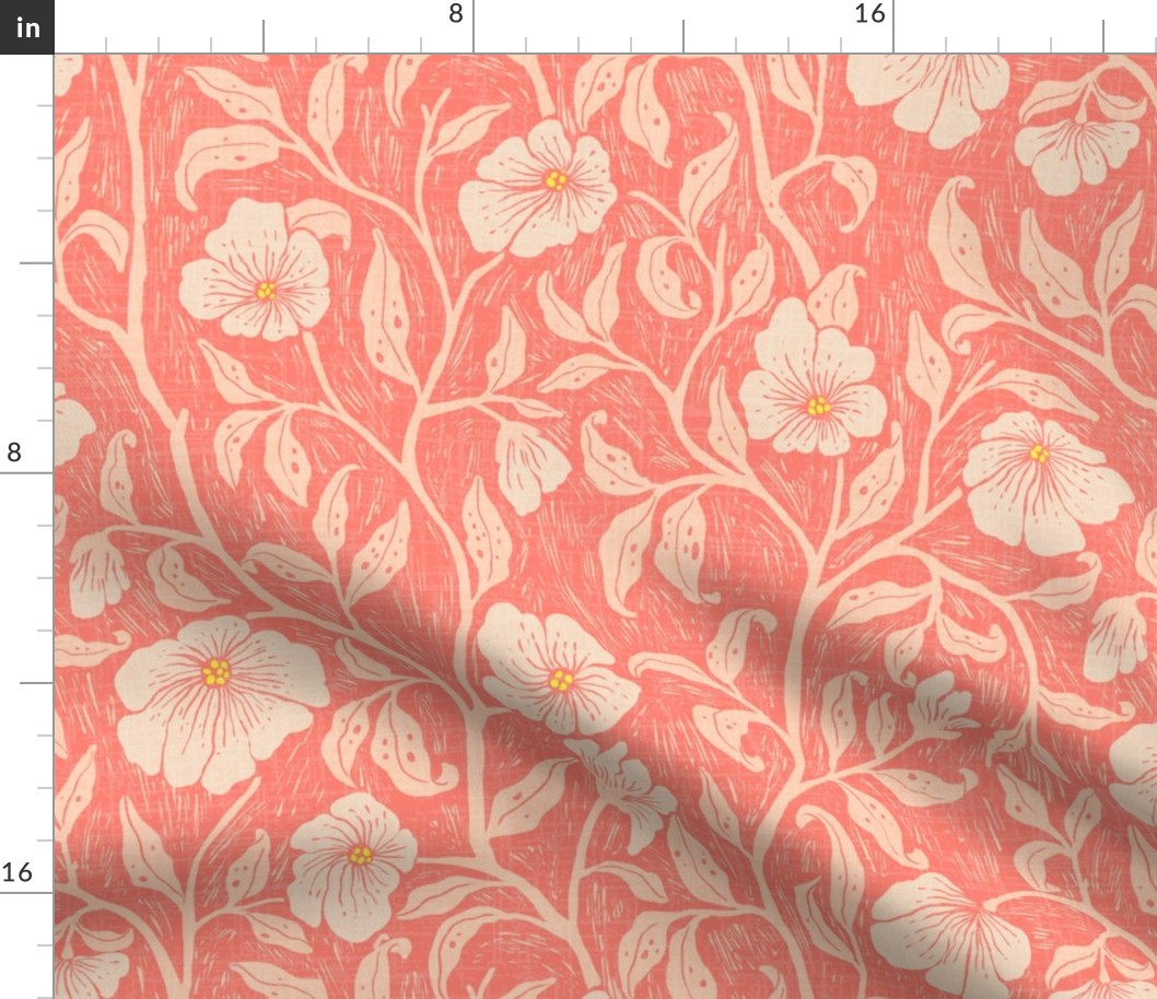 (L)-Modern Art BlockPrint-Vintage Retro Flowers Floral -Traditional hand-drawn-Peach Orange
