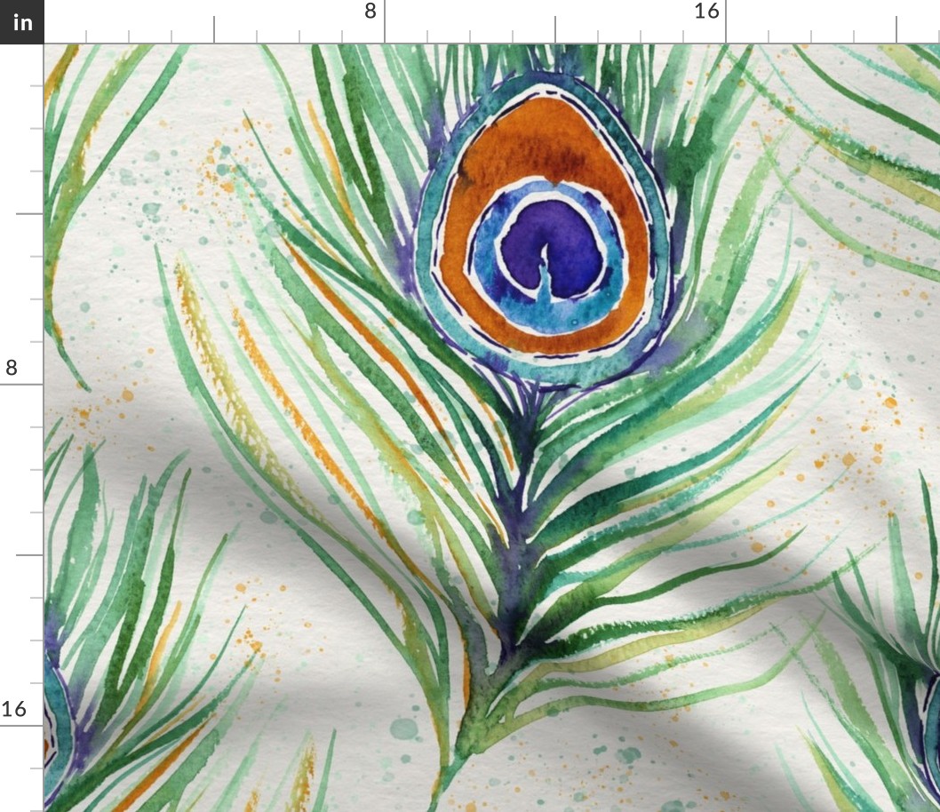 (XL) Hand Painted Watercolor Peacock Feather with Paint Splatter - Extra Large