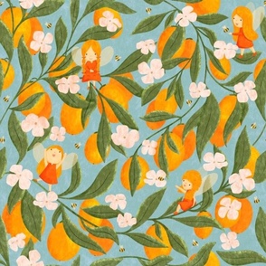 Medium - Flower fairies and Orange Tree Blossoms on textured blue