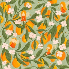 Medium - Flower fairies and Orange Tree Blossoms on textured green