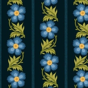 6" Blue Flowers - Vintage Vertical Floral Stripe on Rich Black ( 011A1E )