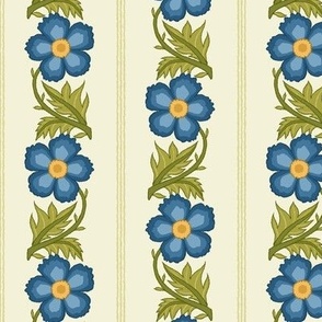 6" Blue Flowers - Vintage Vertical Floral Stripe on Beige ( F3F1D8 )