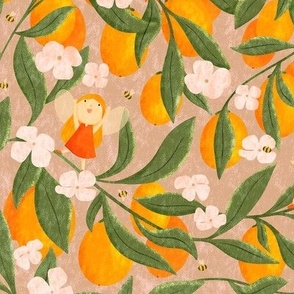 Small - Flower fairies and Orange Tree Blossoms on textured dusty pink