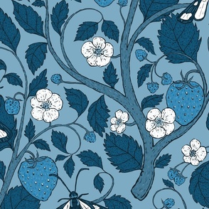 24x36 Medium Blue and White Strawberry with fruits, leaves, flowers, and moths in  Vintage Arts and Crafts Style