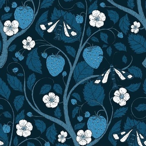 12x18 Dark Blue and White Strawberry with fruits, leaves, flowers, and moths in  Vintage Arts and Crafts Style