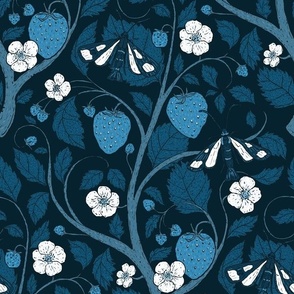 12x18 Indigo Blue and White Strawberry with fruits, leaves, flowers, and moths in  Vintage Arts and Crafts Style