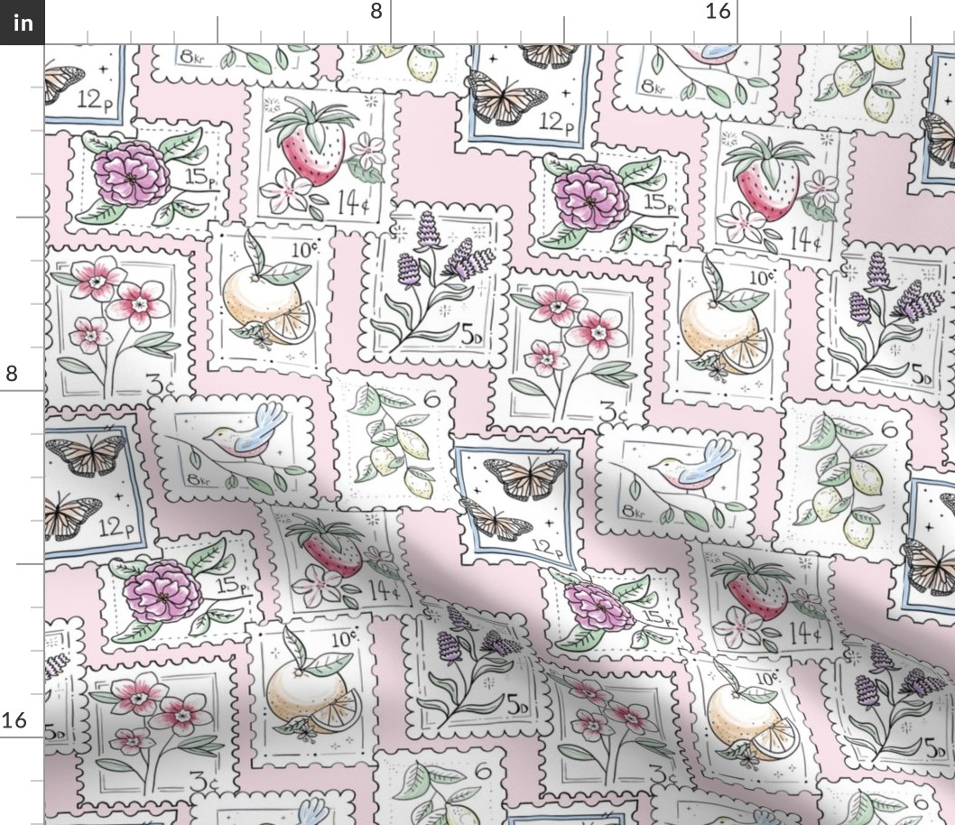 Vintage Postage Stamp Pattern Flowers, Butterflies, Bird, Strawberry, Orange and Lemons on Pink