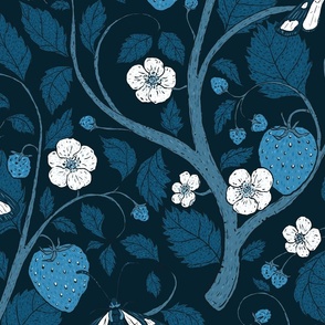 24x36 Indigo Blue and White Strawberry with fruits, leaves, flowers, and moths in  Vintage Arts and Crafts Style