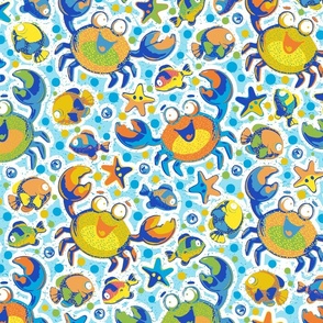 (L) Colorful Ocean Life - Charming Crustacean Core Pattern Featuring Playful Crabs, Tropical Fish, and Starfish Nautical Fabric Multicolor