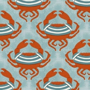 Cute little dancing and smiling crab in striped t-shirt (S)