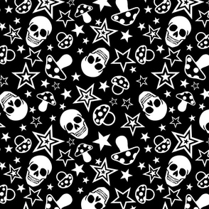 Black and White Pop Punk Rock Pattern With Mushrooms, Skulls amd Stars Juvenile Alternative Emo Style 