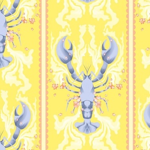 Lobster and Scallop Stripes with Small Flowers - in lavender blue on sunny yellow with peach pink (BR016_07)