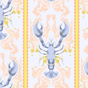 Lobster and Scallop Stripes with Small Flowers - in lavender blue on light blue with apricot pink and yellow (BR016_02)