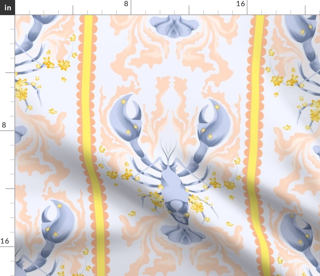 Lobster and Scallop Stripes with Small Flowers - in lavender blue on light blue with apricot pink and yellow (BR016_02)