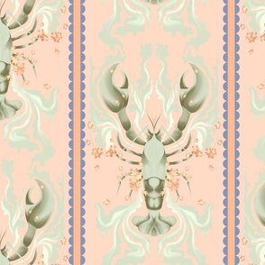 Lobster and Scallop Stripes with Small Flowers - in sage green on apricot pink with peach and blue (BR016_05)