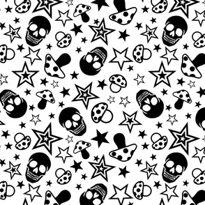 Black on White Background Pop Punk Rock Pattern With Mushrooms, Skulls amd Stars Juvenile Alternative Emo Style 