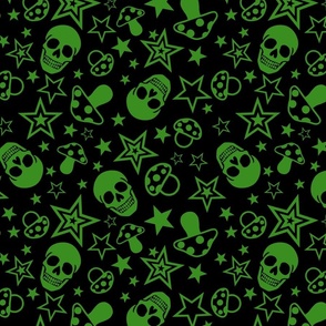 Black and Green Pop Punk Rock Pattern With Mushrooms, Skulls amd Stars, Juvenile Alternative Emo Style 
