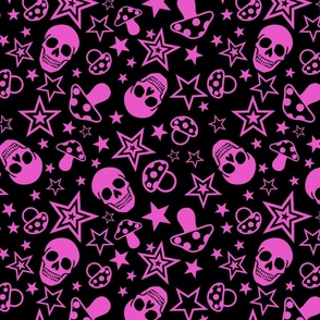 Black and Pink Pop Punk Rock Pattern With Mushrooms, Skulls amd Stars, Juvenile Alternative Emo Style 