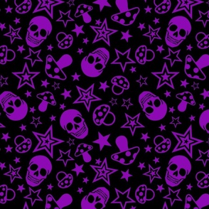 Black and Purple Pop Punk Rock Pattern With Mushrooms, Skulls amd Stars Juvenile Alternative Emo Style 