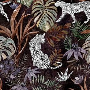 Cats in the Jungle, white Leopards with monstera leafs