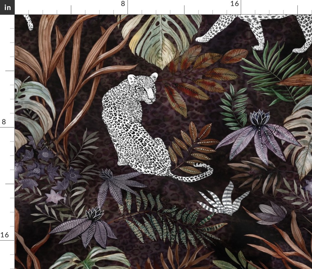 Cats in the Jungle, white Leopards with monstera leafs