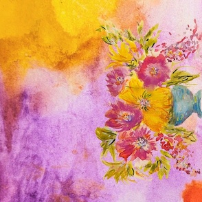 Watercolor Wash with Pastel Painting of Luxury Florals, Wall Hanging, Tea Towel