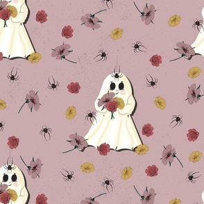 Cottage Core Halloween Ghost with Spiders and Flowers on Pink 