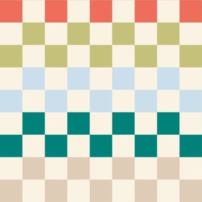 Classic Checker in coral, beige, green, blue and sand blender co-ordinate for bedding, quilting, kids coastal chic