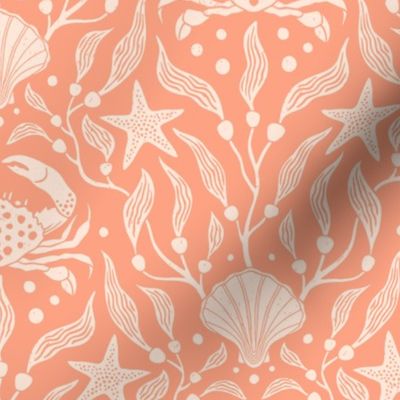 Coastal charm: block print style crabs, shells and starfish among flowing kelp fronds - coordinate design in two colors